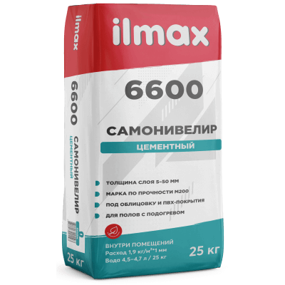 Растворная смесь сухая самонивелир.стяжка на цементном вяжущем Ilmax 6600, 25кг.